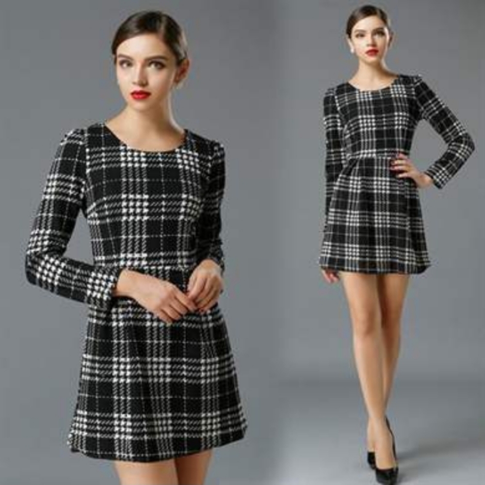 Children's Place Plaid Houndstooth Fit & Flare Long Sleeve Holiday Dress